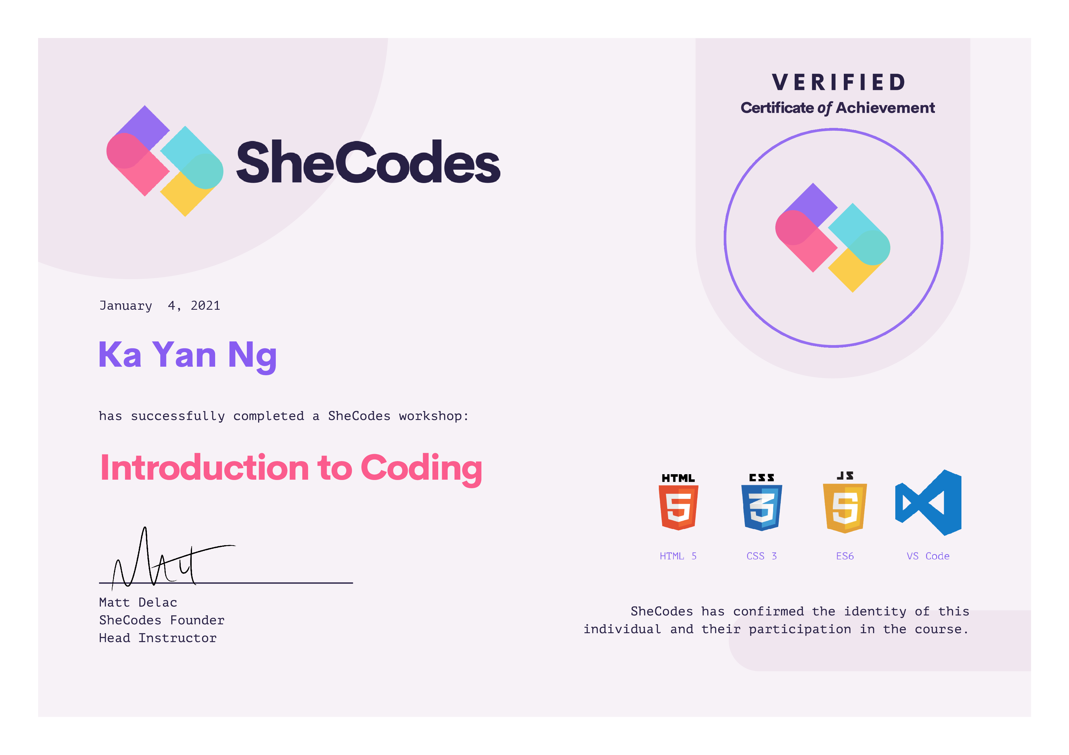 SheCodes Certificate